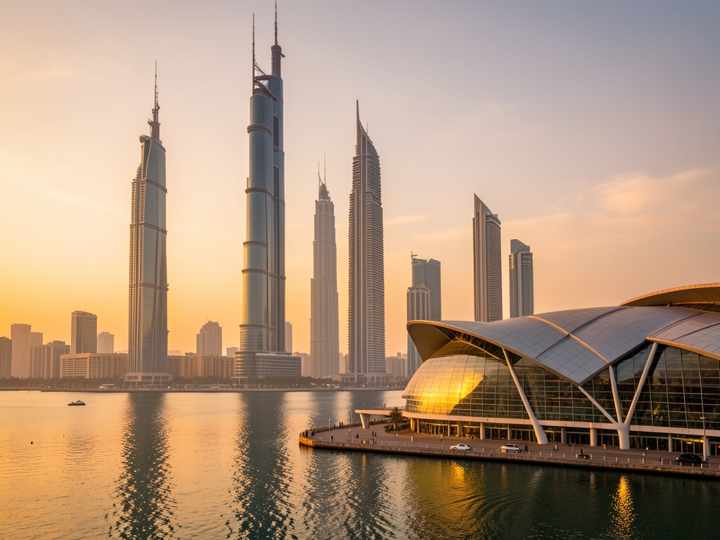 Modern Doha skyline golden hour glass towers rising