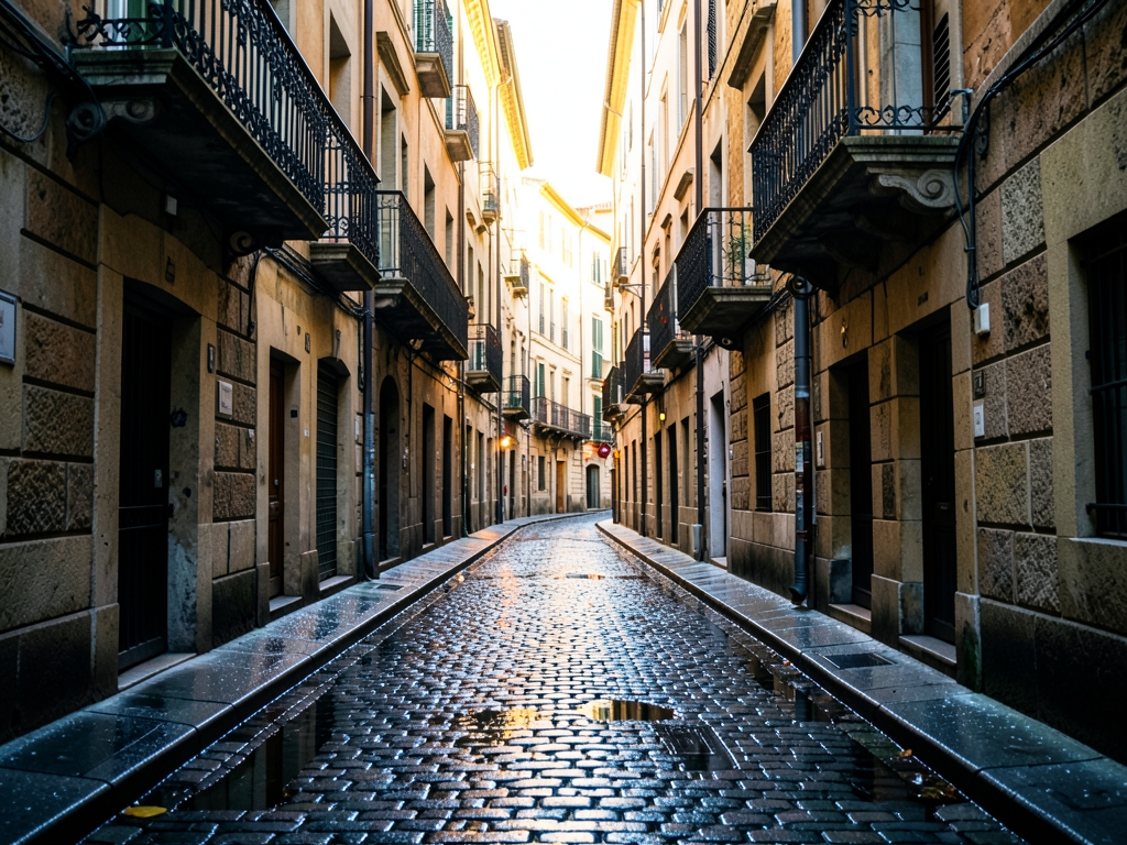 narrow cobblestone street European city golden hour stone
