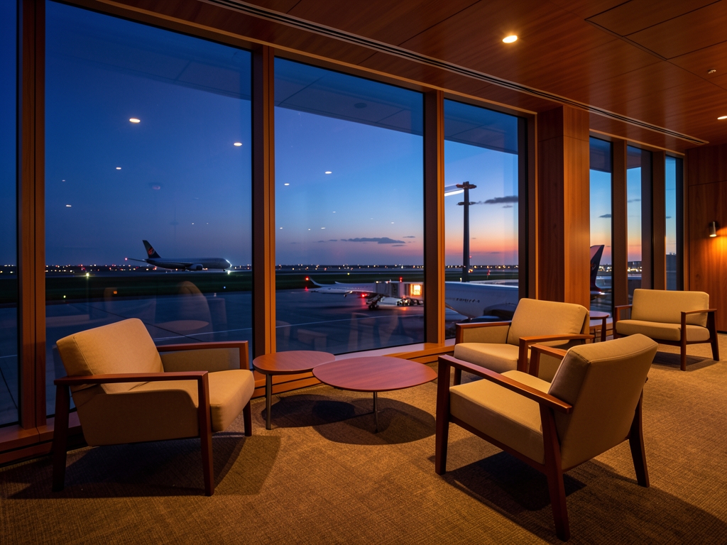 Modern airport lounge overlooking runway dusk warm ambient