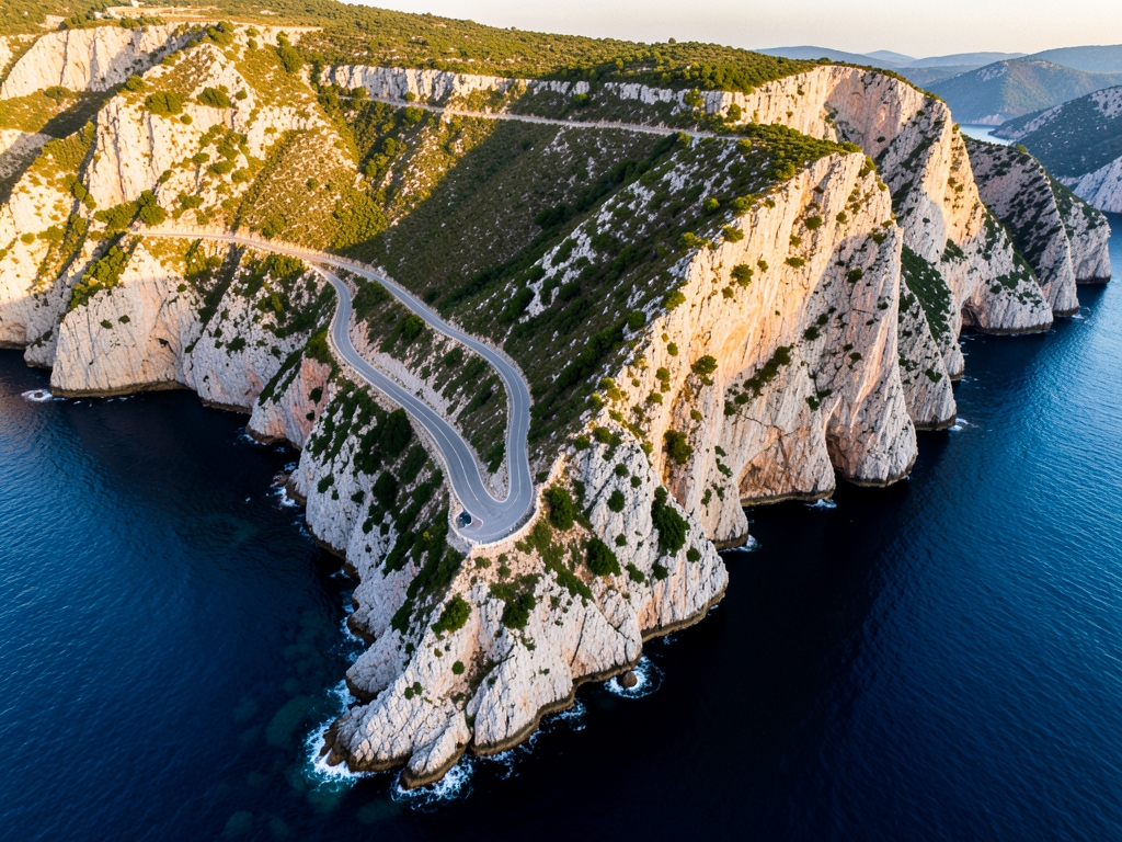 Aerial view winding coastal road through rugged European