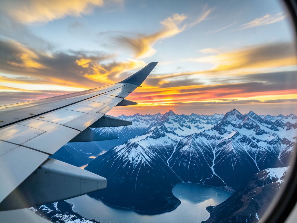 Sunset view from airplane window showing wing over