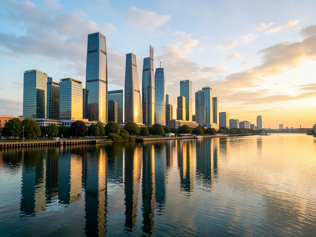 Modern Frankfurt skyline golden dusk with glass towers