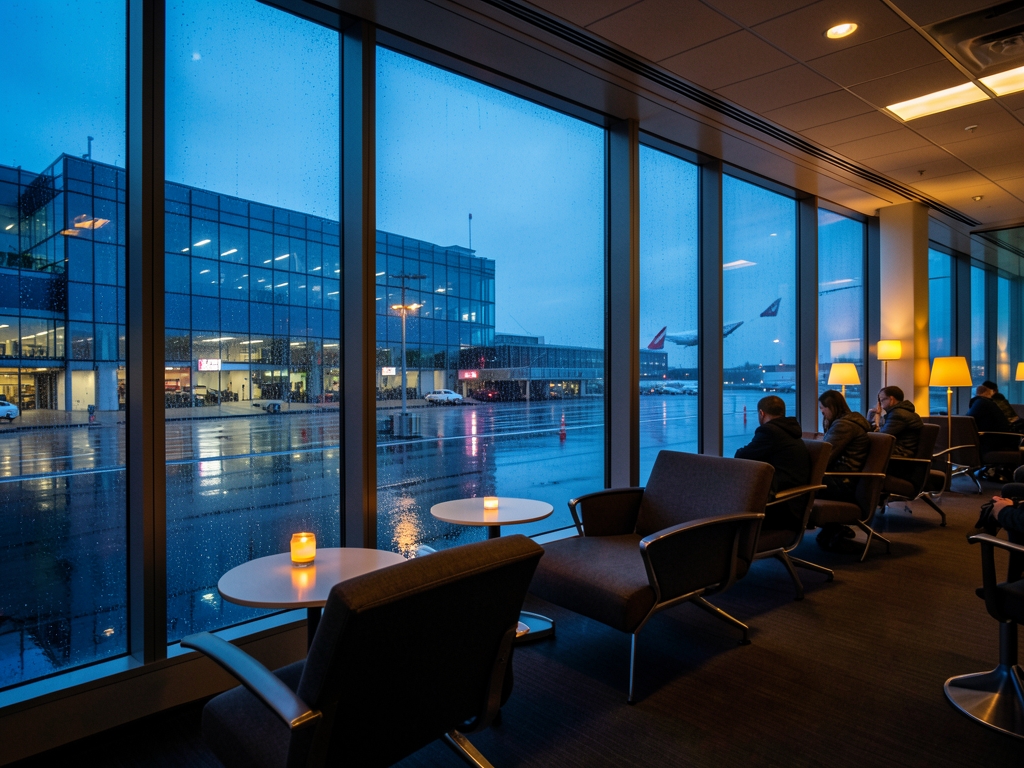 Frankfurt blue hour from quiet airport lounge glass