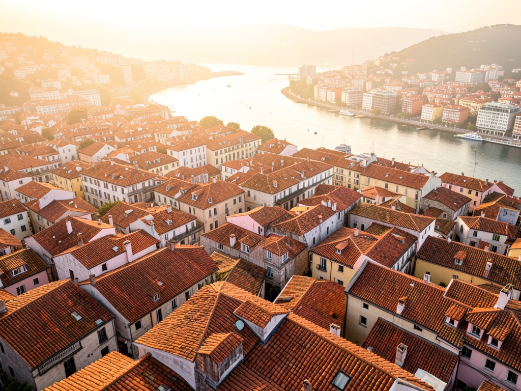 Aerial view Lisbon terracotta rooftops Tagus River golden