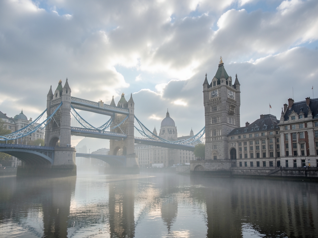 Misty early morning view over London river with
