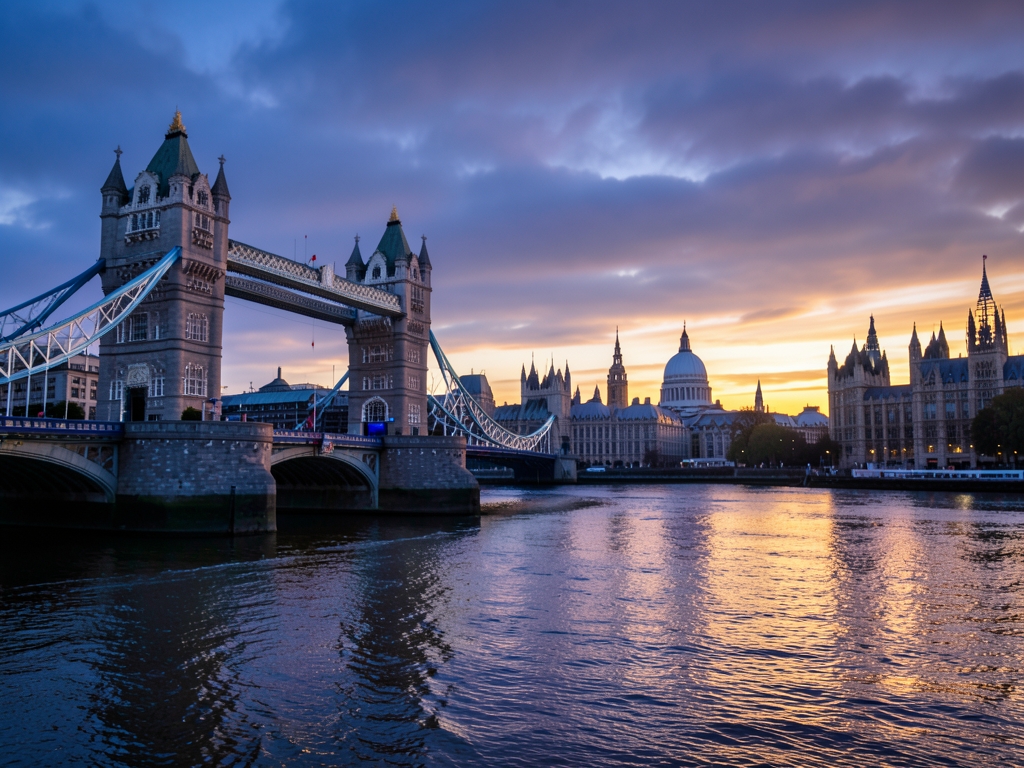 Wide evening view River Thames with historic stone