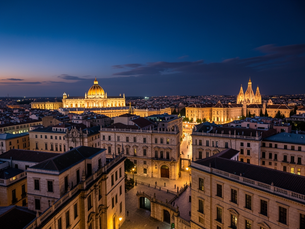 twilight view Madrid s historic skyline with warm golden