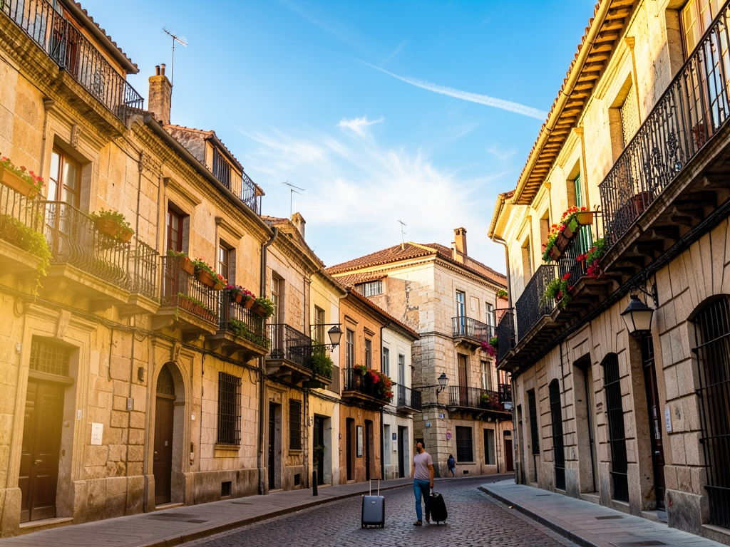 Madrid street golden hour with historic stone facades