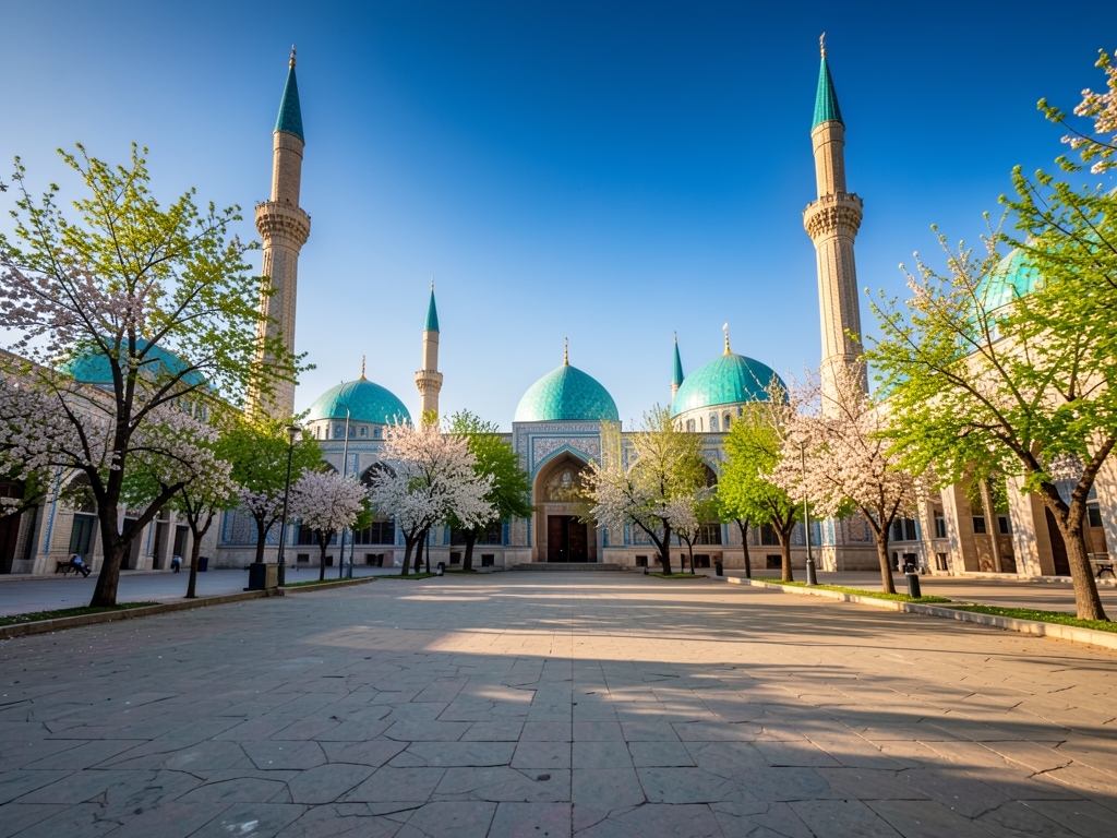 Sunlit historic Tashkent plaza with turquoise tiled domes