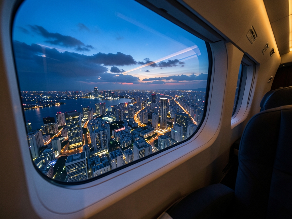 Tokyo skyline twilight seen from airplane window cool
