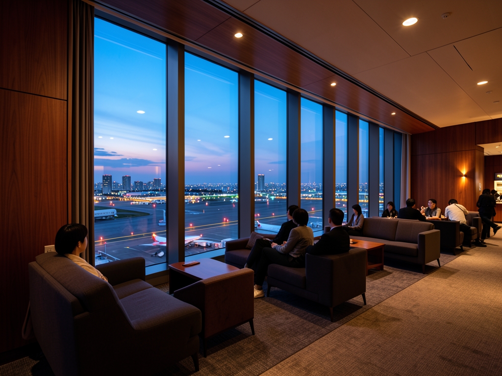 sleek modern airport lounge Tokyo twilight floor to ceiling glass