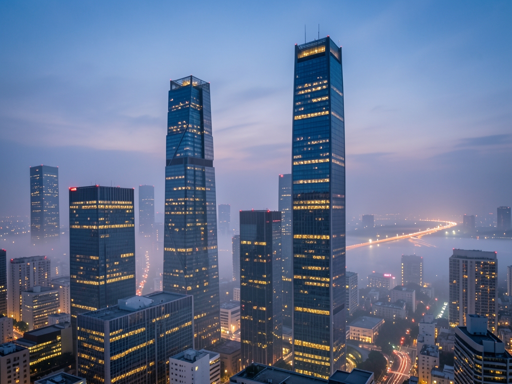Tokyo skyline twilight glass towers warm city lights