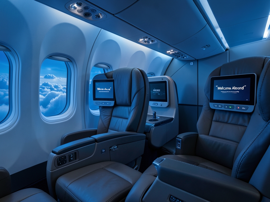 Quiet premium airplane cabin night with soft blue