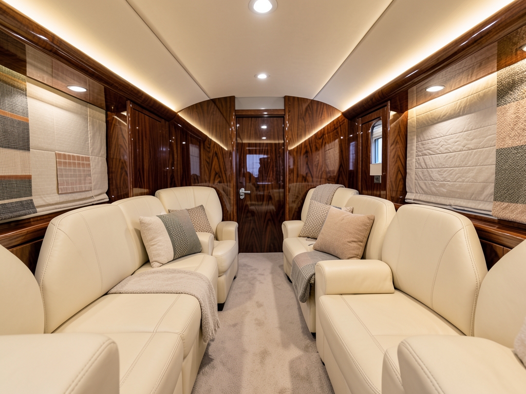 Luxurious cabin aisle with plush cream leather seats
