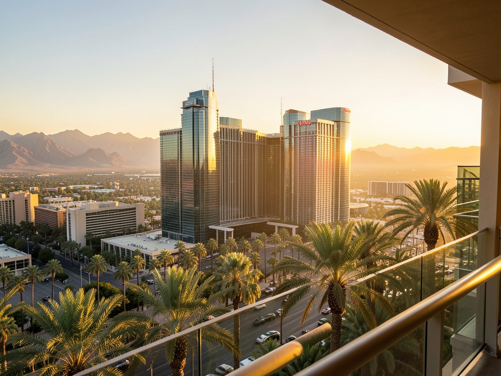 sunlit Vegas strip skyline golden hour seen from