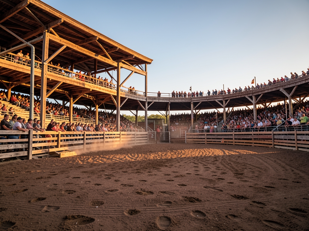Wide wooden rodeo arena with grandstands dusty grounds