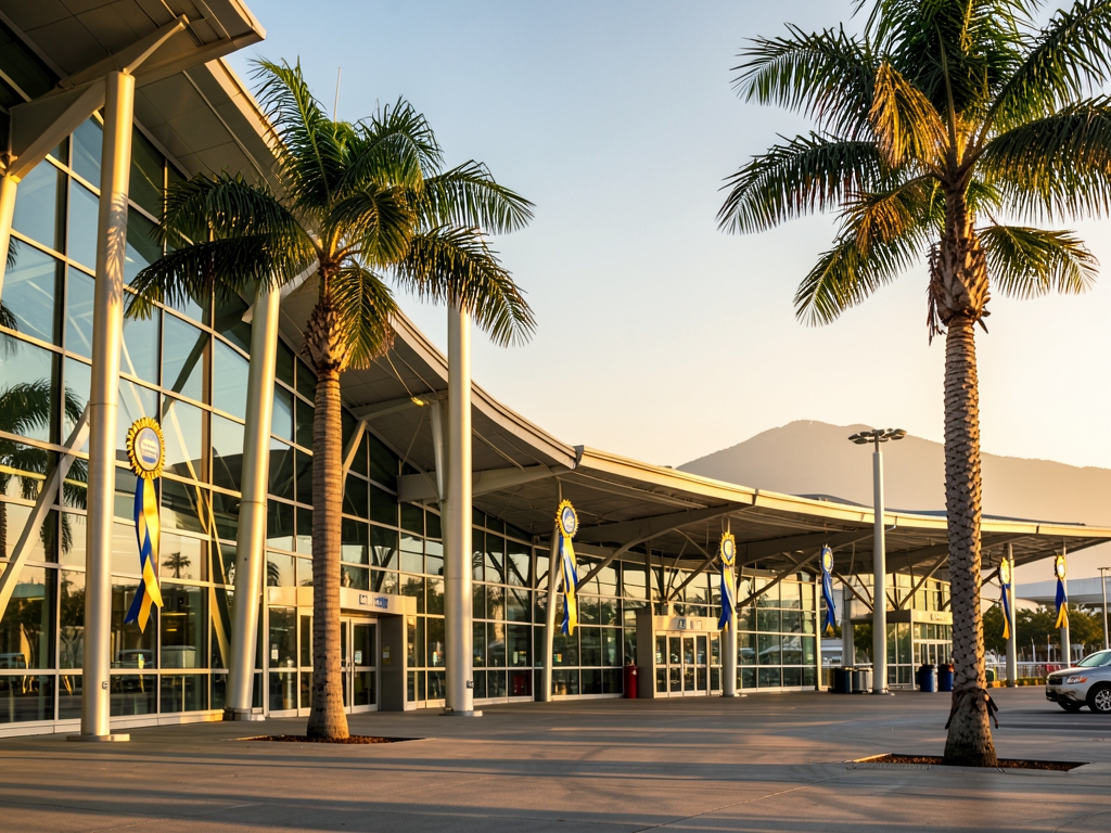 Glass and steel California airport terminals glow golden hour beneath