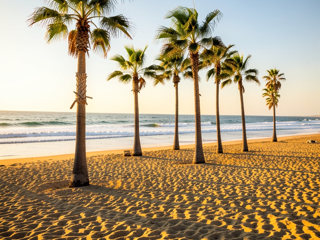 Sunny California sandy beach with tall palm trees