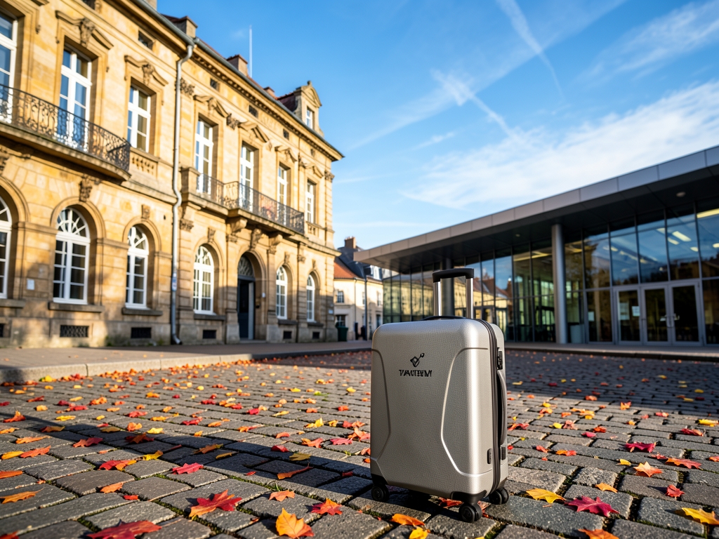 sunlit European old town square connected modern railway station