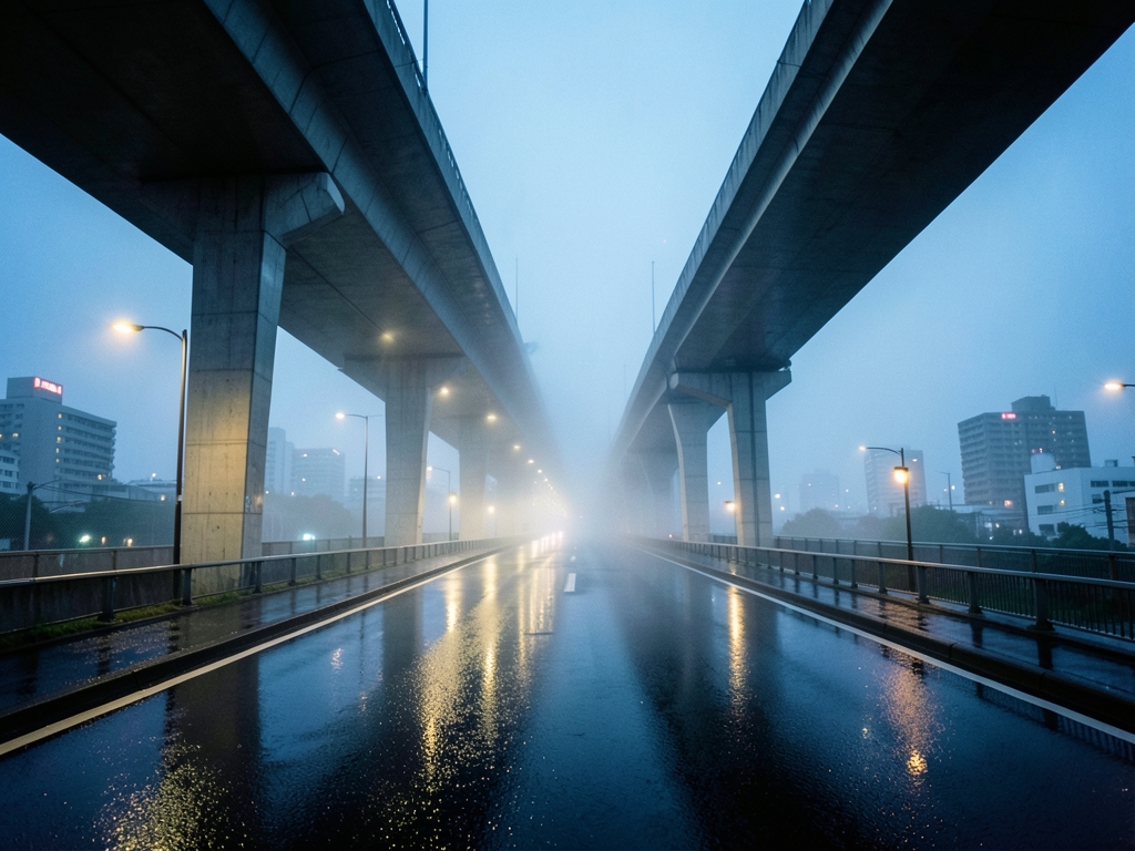 damp twilight scene along Tokyo airport expressway with