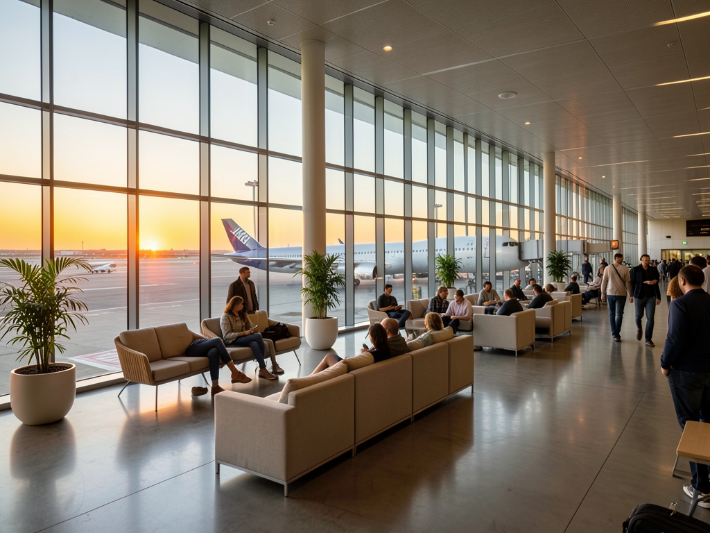 Modern Madrid airport terminal sunset with glass walls