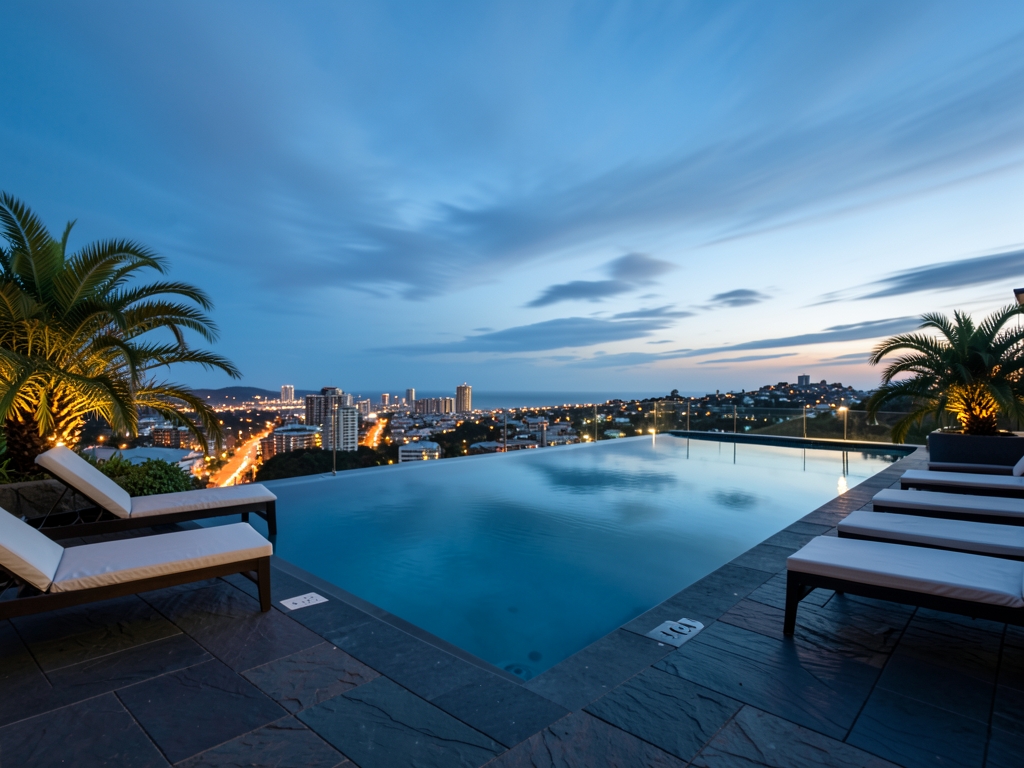 serene infinity pool dusk Cape Town hotel rooftop