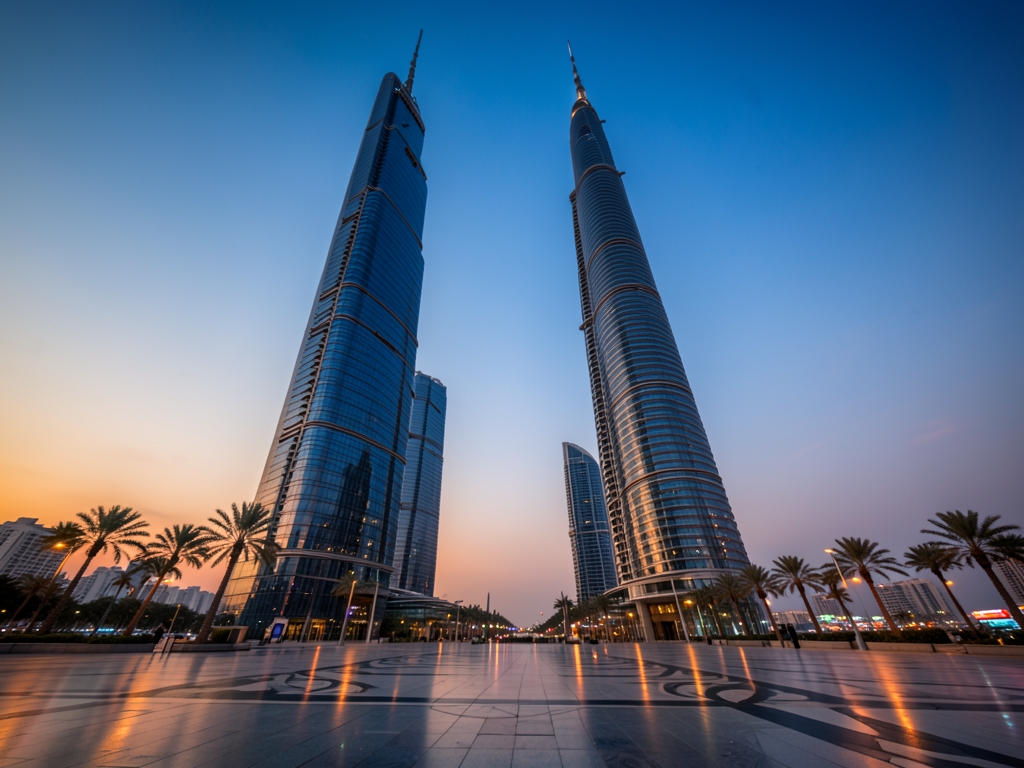 Dubai s glass towers rising from warm desert haze