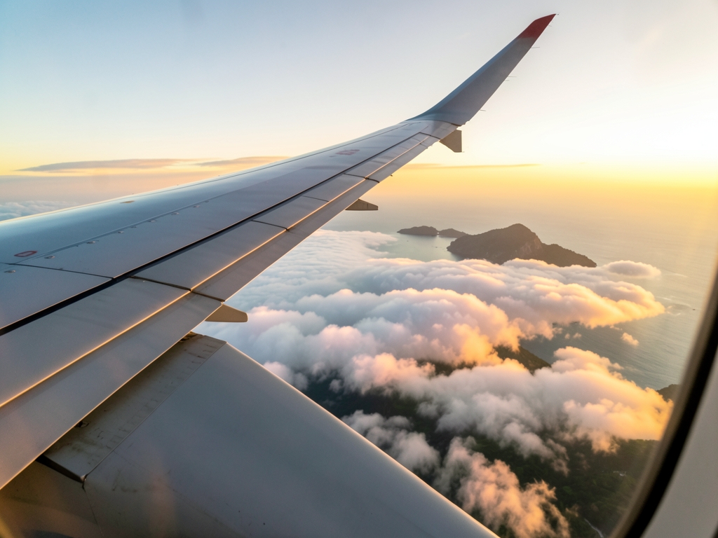 Airplane wing above soft sunset clouds overlooking distant