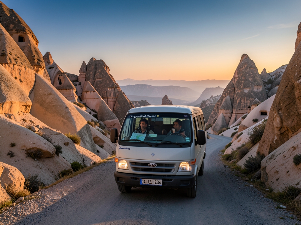 Shuttle traveling along winding road through Cappadocia s rocky