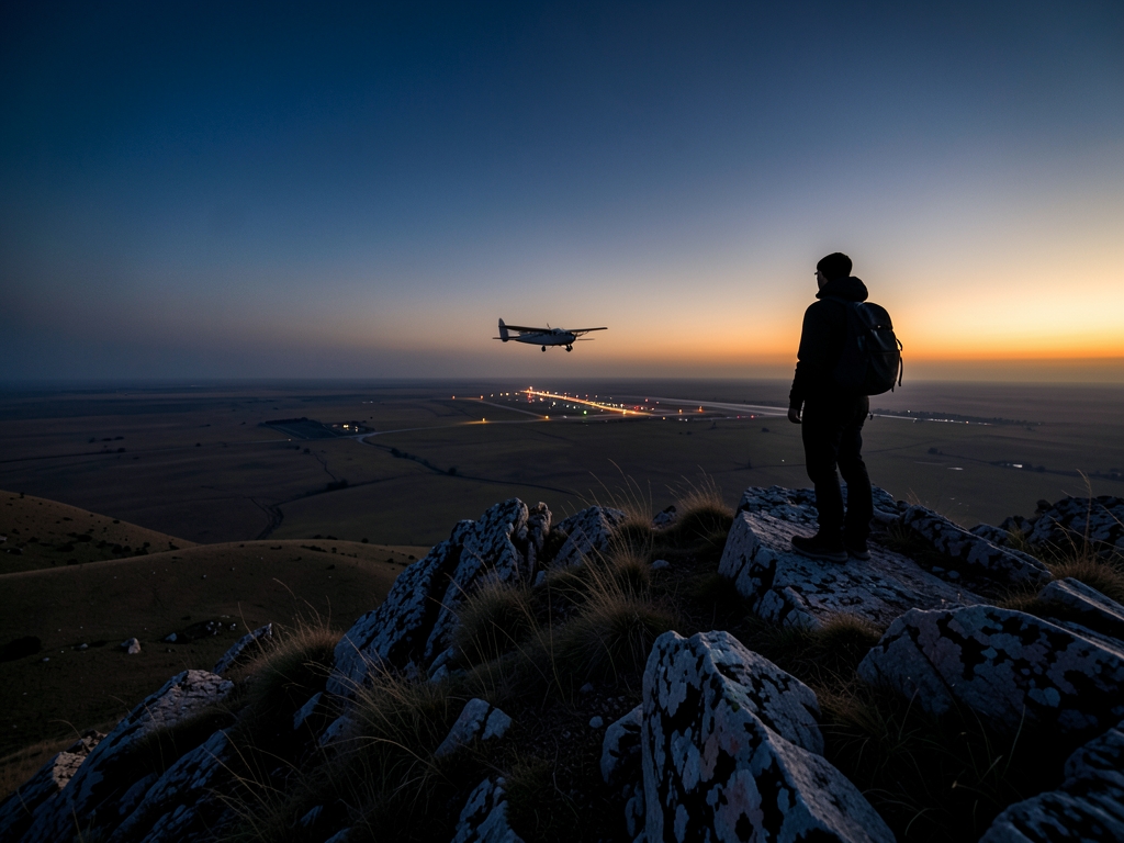 Wide dusk scene lone traveler s silhouette rocky ridge