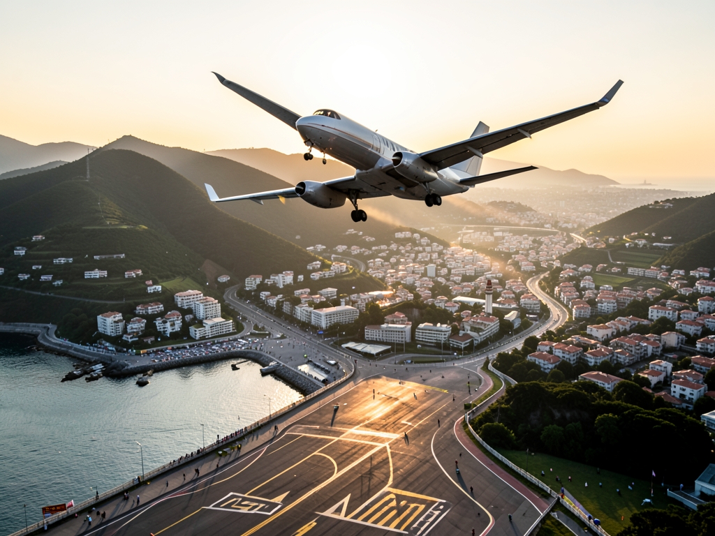 Aerial view twin engine aircraft climbing above coastal city s