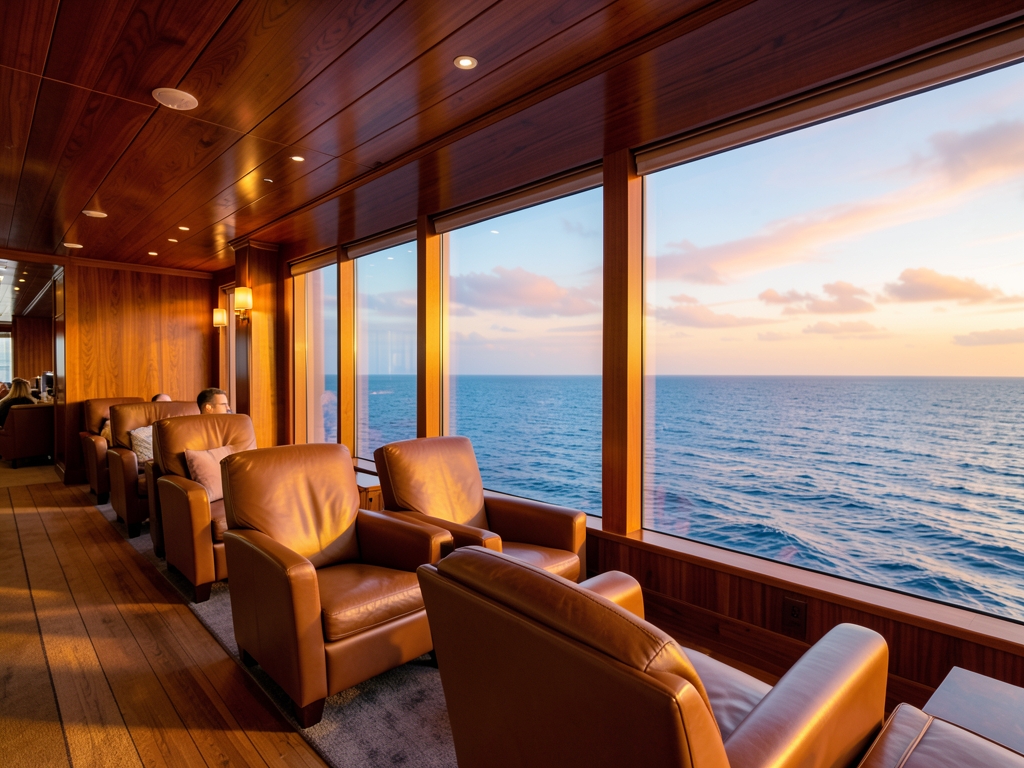 Spacious cruise ship lounge with leather armchairs warm wood