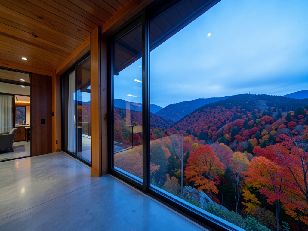 Contemporary mountain lodge with floor to ceiling glass polished concrete