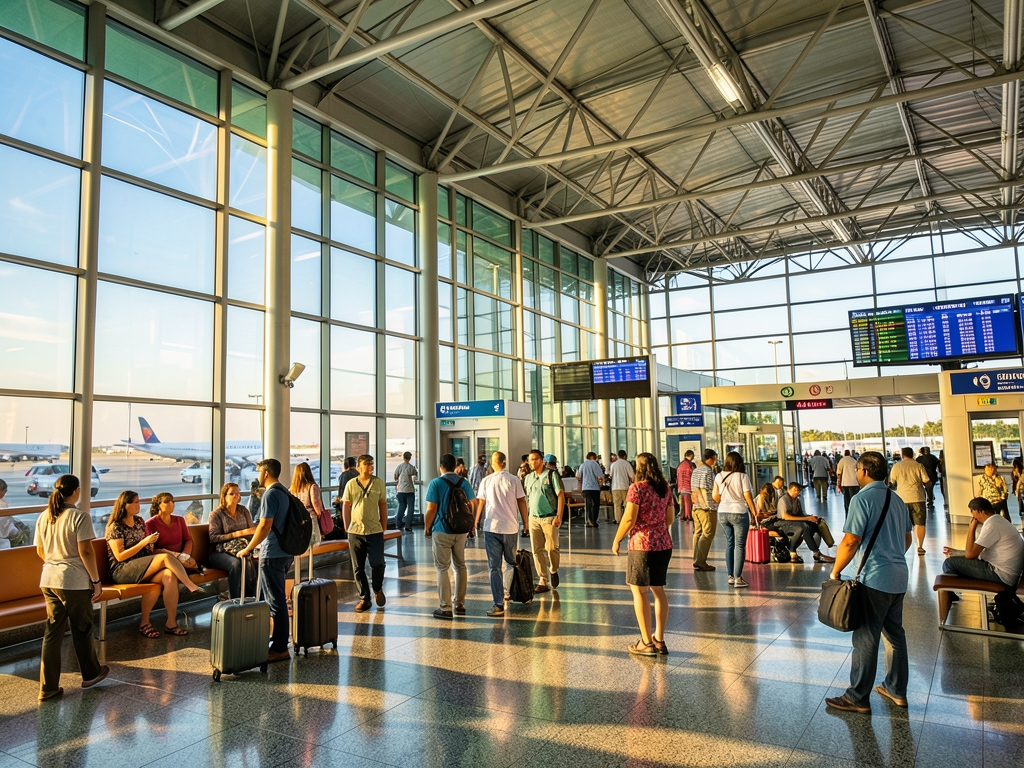 sunlit airport terminal interior with high steel and glass ceilings