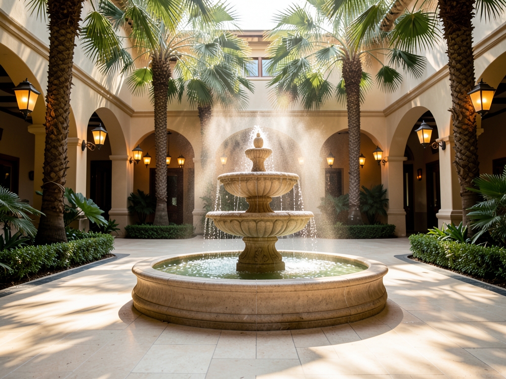 Quiet hotel courtyard with stone fountain palm shadows