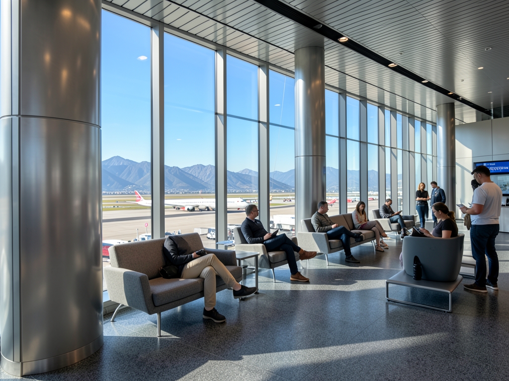 Sunlit airport departure lounge overlooking runway distant mountains