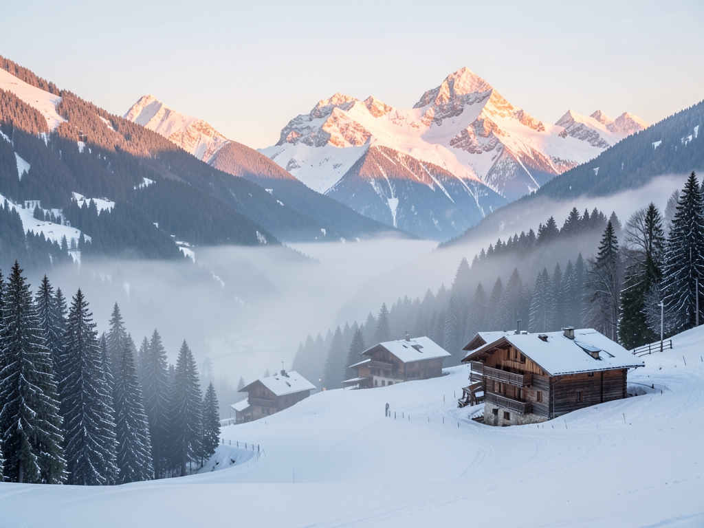 quiet alpine valley Swiss Alps dawn mist clinging