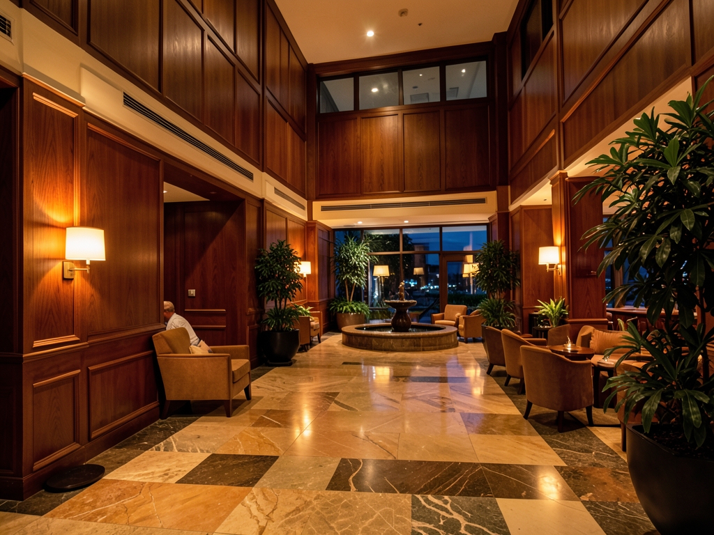 Upscale hotel lobby evening with warm amber lamps
