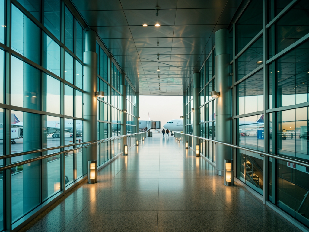 Quiet airport terminal walkway forking toward bridges under