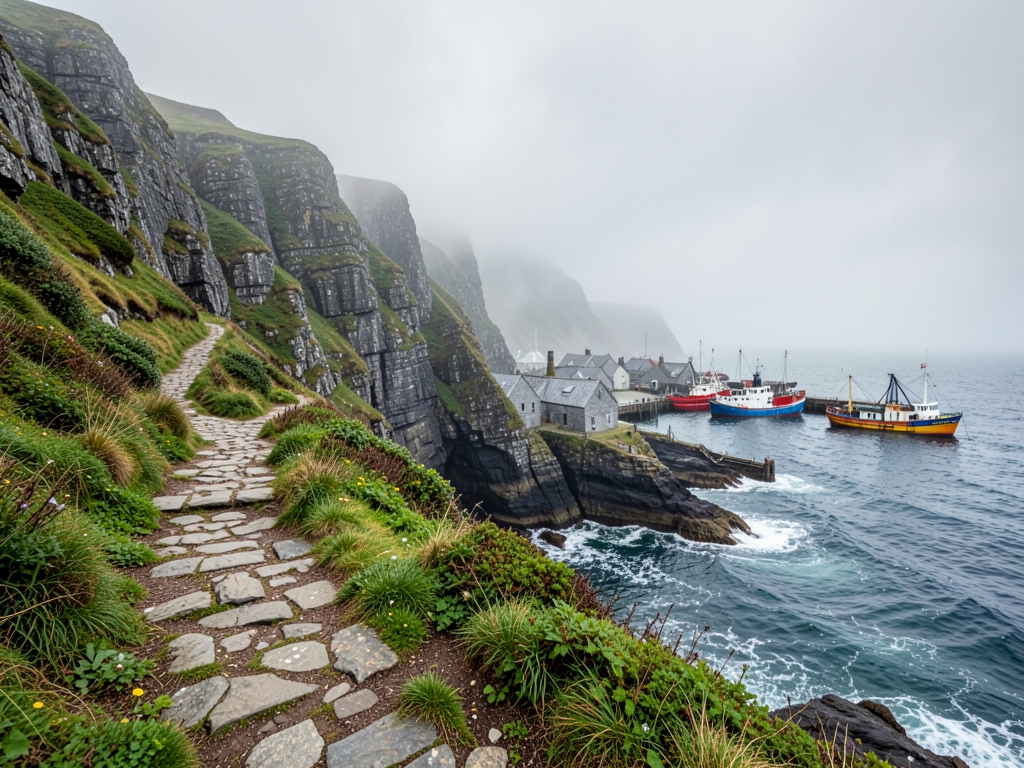 rugged coastal path winds along jagged cliffs John s