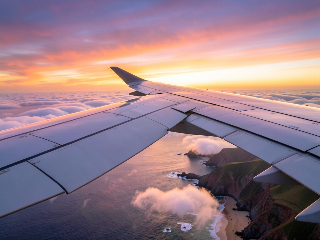 Airplane wing over glowing sunset clouds above calm