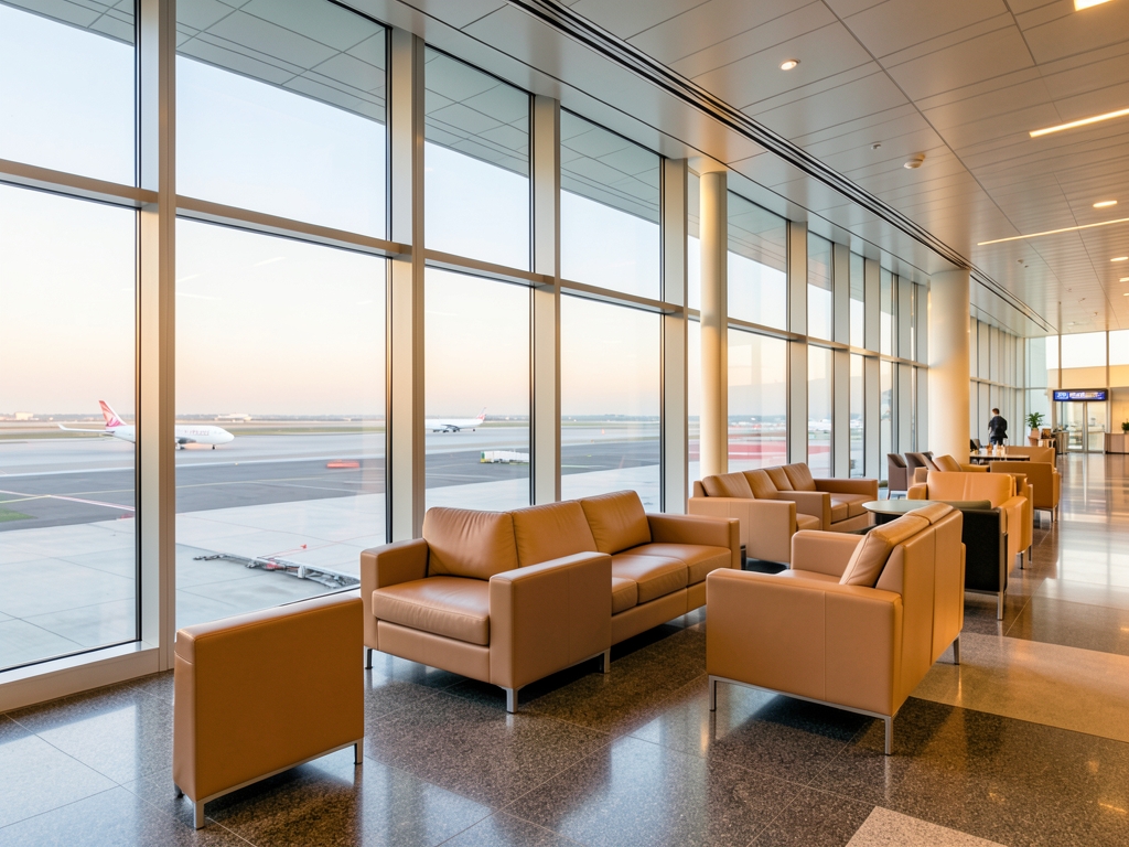 Spacious modern airport terminal interior with leather seating