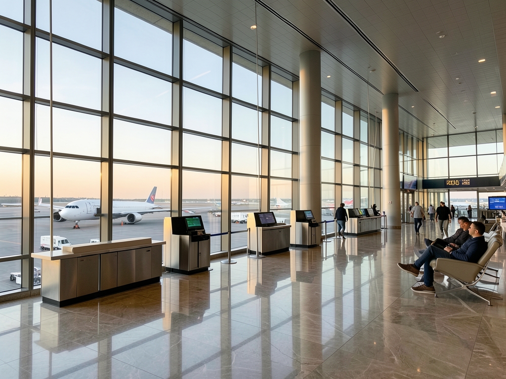 Spacious modern airport terminal with tall glass windows