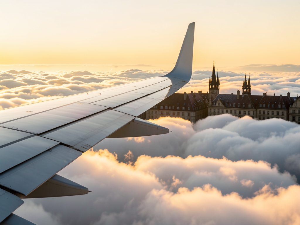 Airplane wing over golden sunset clouds above European
