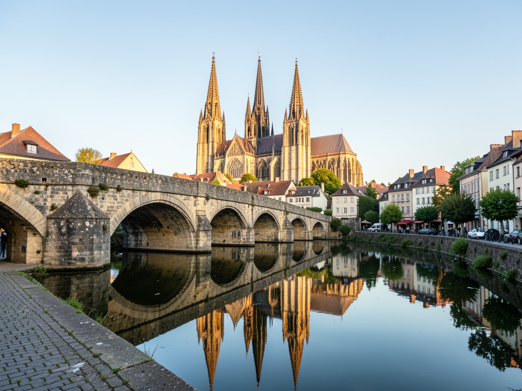 Historic European town with stone bridges cathedral spires