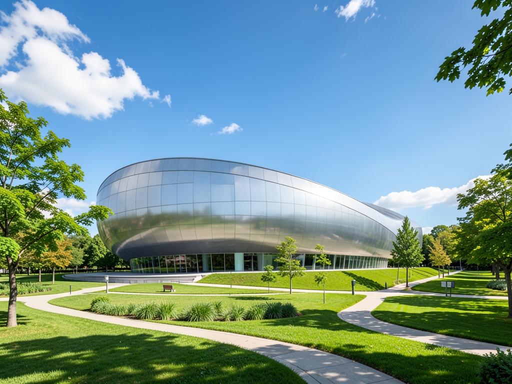 Sweeping curved futuristic museum building with smooth metallic