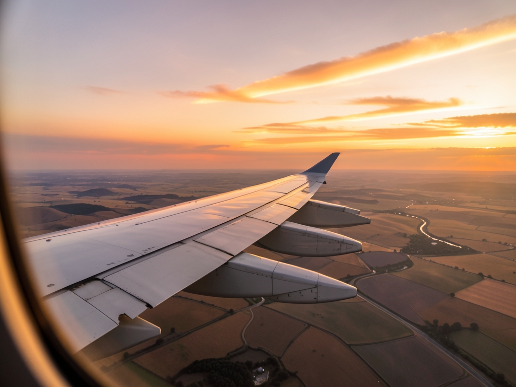 Airplane wing above soft golden clouds sunset with