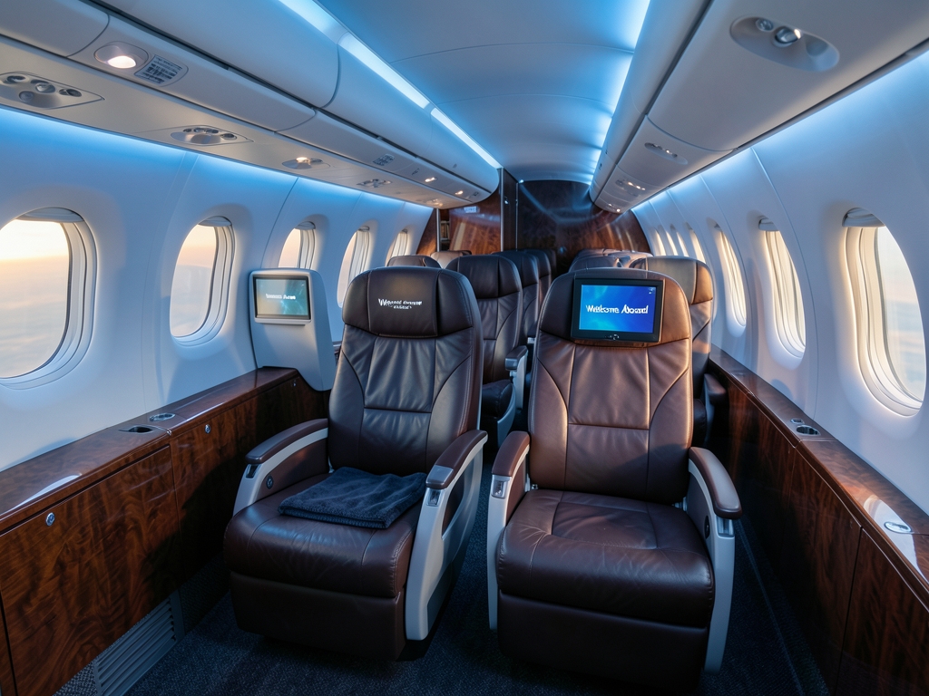 Spacious business class airplane cabin interior with soft