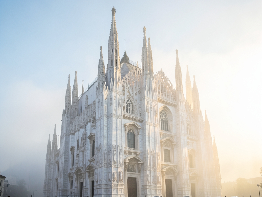 Milan historic marble cathedral with gothic spires soft