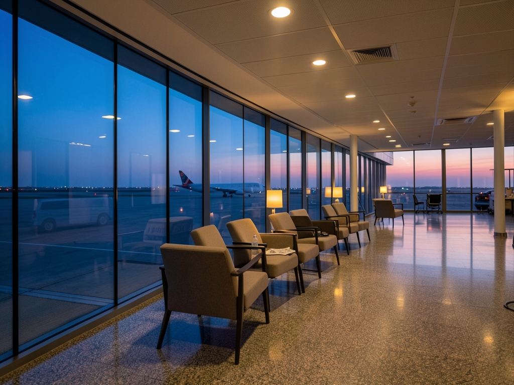 Empty airport gate corridor dusk with glass walls